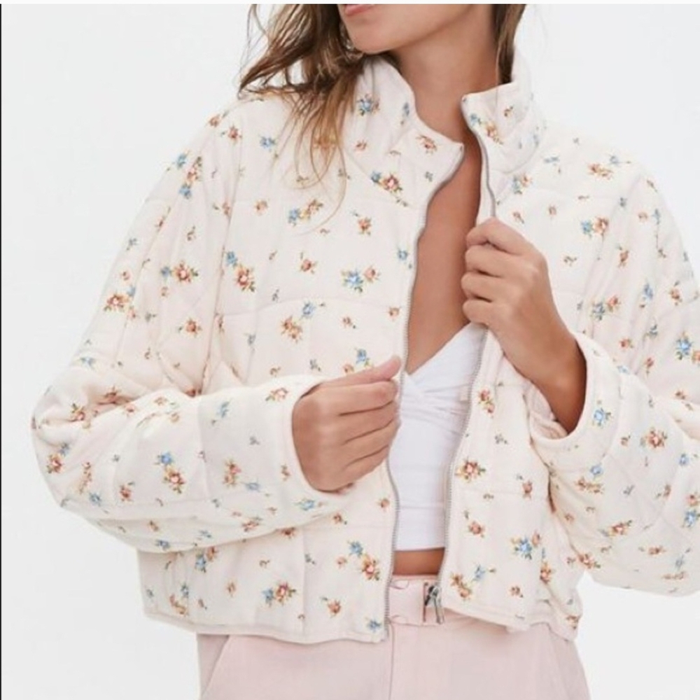 Forever 21 Cream Floral Puffer Jacket